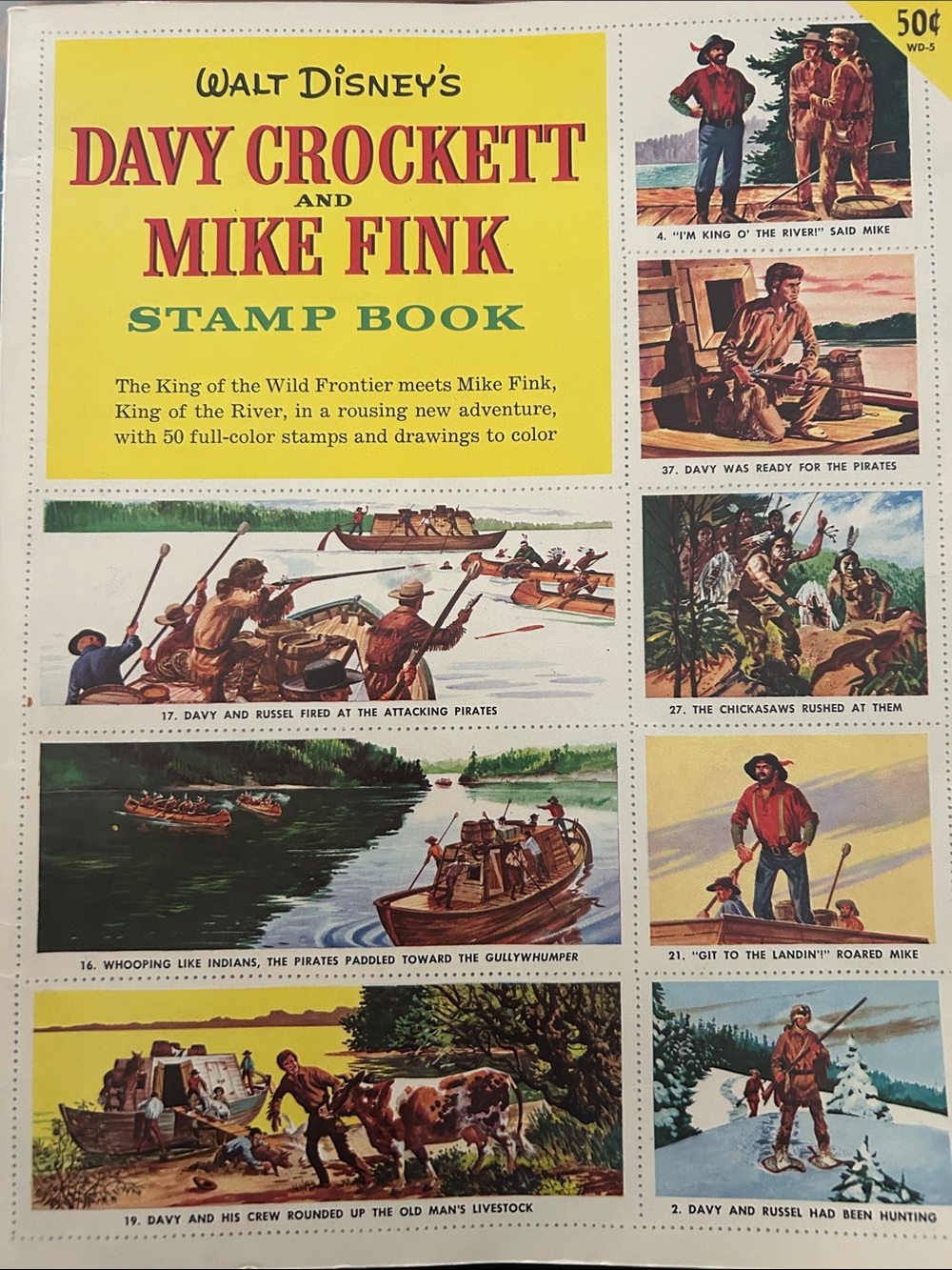 Walt Disney's Davy Crockett and Mike Fink Stamp Book - Yellow Cover